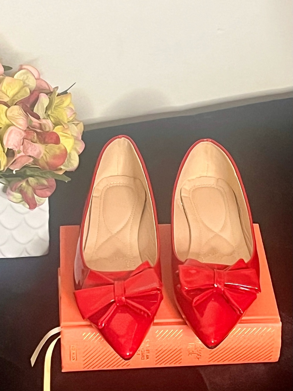 Red Patent Bow Pointed-Toe Flats - Women